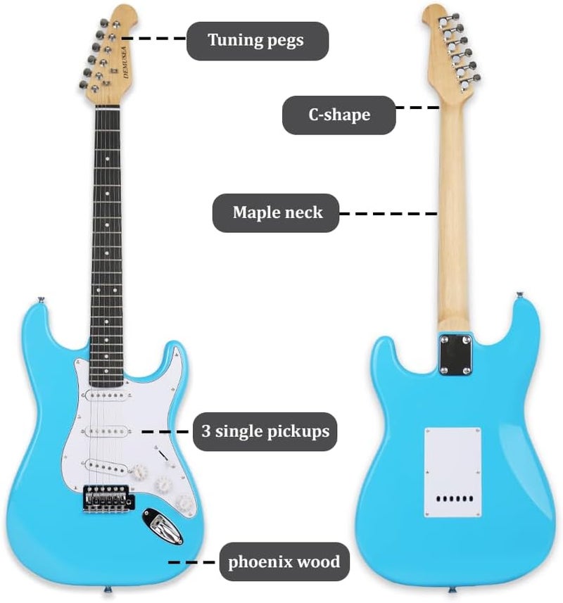 demusea electric guitar glossy blue color sss configuration single tremolo bridge 5ways toggle 1V 2T 22 frets maple neck solid phoenix body portable for beginner starter practice (YST-DOT, BLUE - Image 2